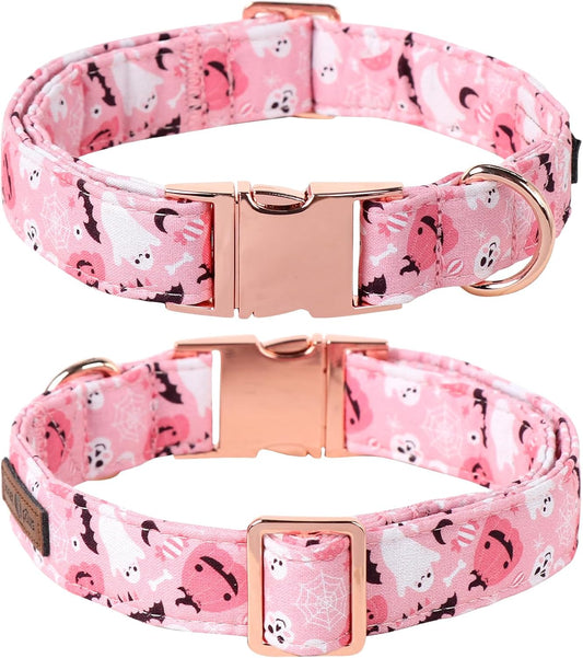Lionet Paws Halloween Dog Collar With Flower - Cute Fall Pink Adjustable Cotton Pumpkin Ghost Pet Collar for Small Girl Puppies
