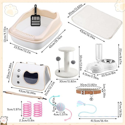 Eccliy Kitten Starter Kit, 10 Pcs Cat Starter Kit for Indoor Cats Kitten Essentials Includes Litter Box, Pet Toy, Folding Carrier, Climbing Frame, Mat, Collar, Automatic Food Bow (Cute,White)