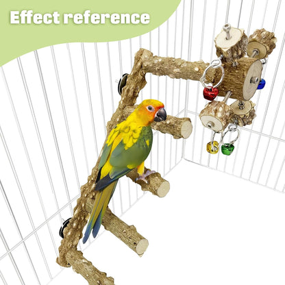 BNOSDM Natural Wood Bird Ladder Perch with Rotating Bell Toys-Exercise Stands for Parrot Climbing Chewing Parakeet Bridge Cage Accessories for Cockatiel, Conures, Lovebirds, Budgie