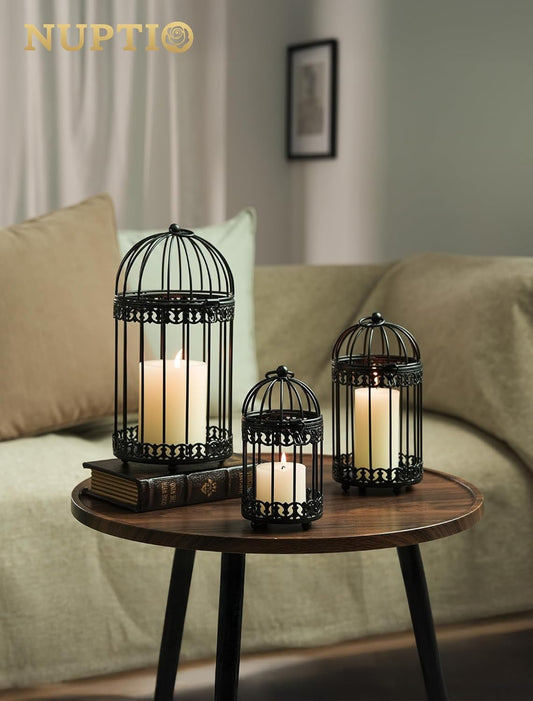 NUPTIO Decorative Bird Cages for Centerpiece: Black Vintage Bird Cage Hanging Lantern Set of 3 - Metal Birdcage Pillar Candle Holders for Halloween Party Table Fireplace Decor