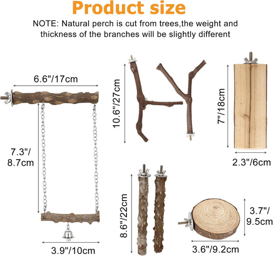 7PCS Bird Perches, Natural Wood Parrot Perch Stand, Bird Perch Chewing Stick Cage Accessories Hanging Multi-Branch Perch Platform Swing Toy for Parakeets, Cockatiels, Small Medium Birds