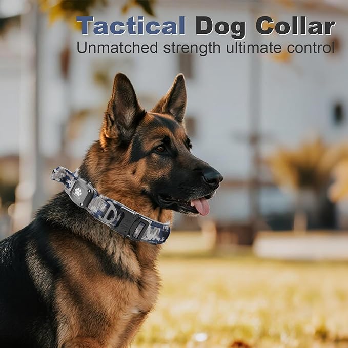 2026 Upgrade Dog Collar with IPX8 Waterproof AirTag Holder,Military Tactical Handle and Ultra-Durable Metal Buckle/Night Reflective,GPS Collar for Medium to Large Dogs (Camouflage Grey/M)