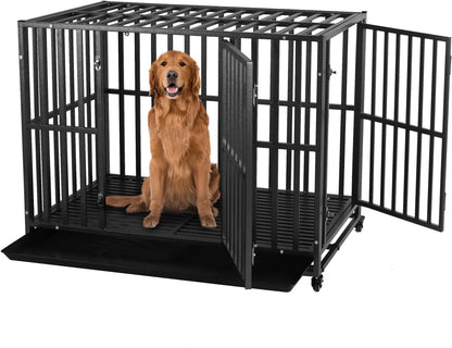 LUCKUP Heavy Duty Dog Crate-42 inch Large Metal Dog Cage with 2 Doors and 4 Wheels, Stackable Dog Kennel for Large & Medium Dogs, Removable Tray