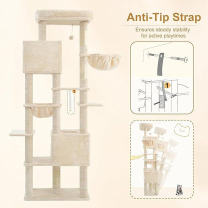 Heybly Cat Tree, 76-Inch Tall Heavy Duty Cat Tower for Big Cats with Extra Wide Baseboard, Multi-Level Large Cat Furniture with 2 Condos & 2 Hammocks, 10 Scratching Posts, Beige HCT039M
