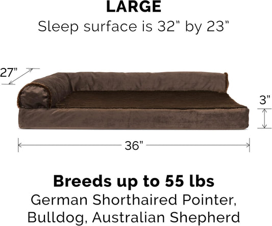 Furhaven Cooling Gel Dog Bed for Large/Medium Dogs w/ Removable Bolsters & Washable Cover, For Dogs Up to 55 lbs - Plush & Velvet L Shaped Chaise - Sable Brown, Large