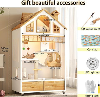 Enclosed Cat Condo, Large Wooden Cats House Indoor Cage Cat Enclosure on Wheels, Multi-Feature Enclosed Condo with Litter Box Drawer for Indoor Cats,63" X 35" X 24" (White, 63" X 35" X 24")