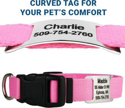 GoTags Personalized Dog Collar with Nameplate, Adjustable Dog Collar with Custom Engraved Slide On Pet ID Tag in Stainless Steel, Silent, No Noise Dog Tag for Large Medium and Small (Pink, Large)