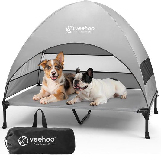 Veehoo Outdoor Dog Bed with Canopy, Cooling Elevated Pet Cot with Removable Shade, Non-Slip Feet, Raised Dog Cot for Large Dogs, Pet Tent Bed for Camping, Beach, XLarge, Grey, CWC2411 - Pawvie