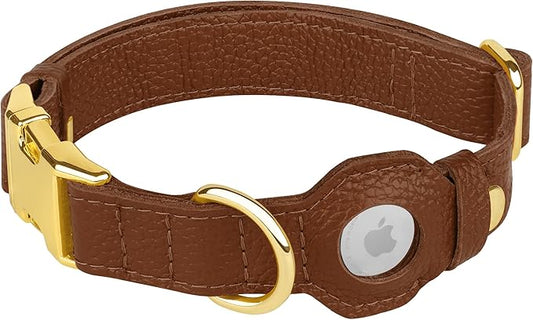 Leather Airtag Dog Collar - Soft Tracking Dog Collar with Apple AirTag Holder and Metal Buckle - Safety GPS Pet Collars for Small Medium Large Dogs Puppy Pink Red (Brown, S, 12"-15" Neck Fit)