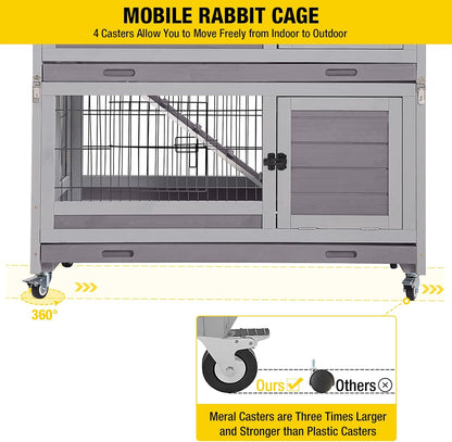 Aivituvin Large Rabbit Hutch Indoor and Outdoor Folding Bunny Cage on Wheels Guinea Pig Cage with Deep No Leak Pull Out Tray,Upgrade Version (Light Gray)