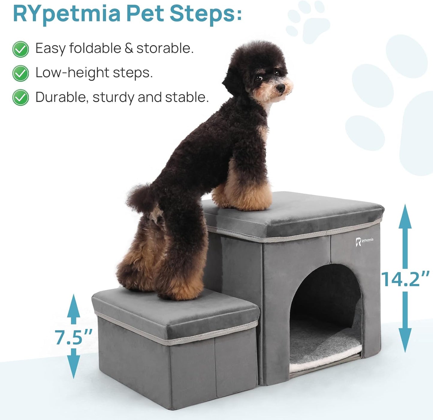 Foldable Pet Stairs for Beds & Sofas - Non-Slip Dog Steps with Storage for Small to Medium Dogs & Cats, Supports up to 120 lbs - Durable 2 & 3-Step Doggie Ladder for Easy Access - Pawvie