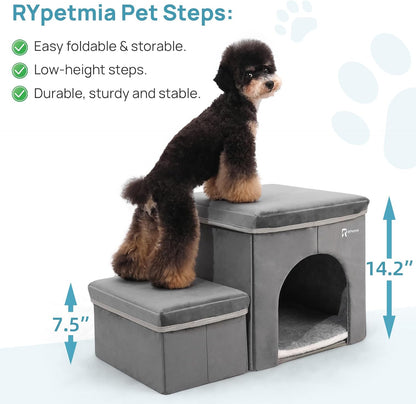 Foldable Pet Stairs for Beds & Sofas - Non-Slip Dog Steps with Storage for Small to Medium Dogs & Cats, Supports up to 120 lbs - Durable 2 & 3-Step Doggie Ladder for Easy Access - Pawvie