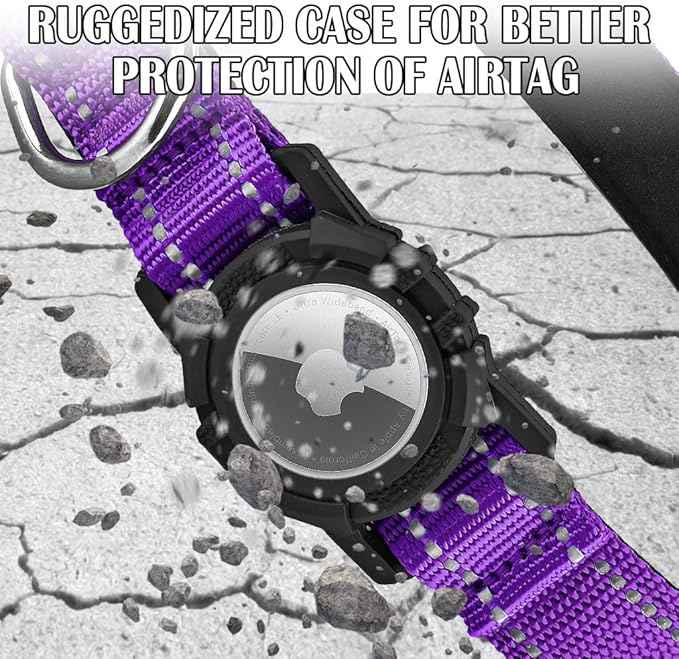 Airtag Dog Collar with Waterproof Air Tag Holder, Integrated Reflective Pet Collar with Soft Padding, Adjustable Nylon Collar for Small Medium Large Dogs, Purple, XS (9.5"-11.8")