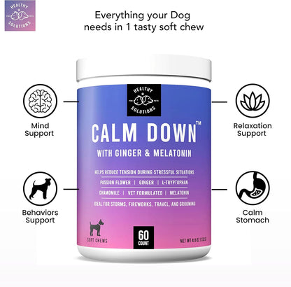 Calming Chews for Dogs - Dog Calming Treats for Anxiety & Stress Relief with Melatonin and Ginger - Aid with Storms, Grooming, Fireworks, Separation, Travel, Motion Sickness, & Sleep - 60 Soft Chews