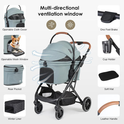 T6 Luxury Pet Stroller for Medium Dogs Up to 66lbs or 2 Small Pets – 3-in-1 Dog & Cat Stroller with Removable Carrier, Foldable & Lightweight (Green)