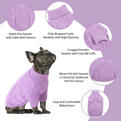 Queenmore Small Dog Pullover Sweater, Cold Weather Cable Knitwear, Classic Turtleneck Thick Warm Clothes for Chihuahua, Bulldog, Dachshund, Pug (Lilac, X-Small)