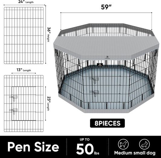 PJYuCien Dog Playpen, 8 Panels 36”H Dog Playpen Indoor with Grey Bottom Pad and Top Cover, Metal Foldable Dog Pen for Indoor Use, Better for Small Medium Animals, Grey