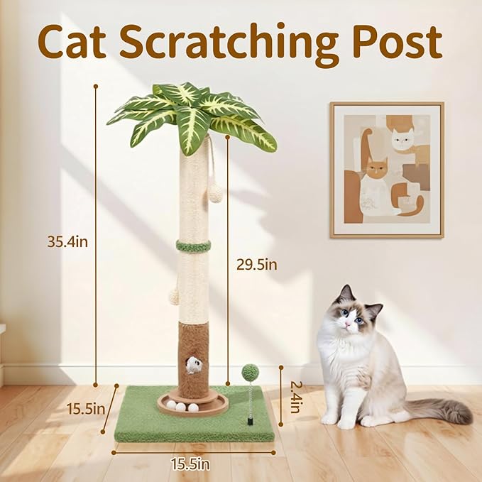 Tall Cat Scratching Post Vertical Pole for Indoor, 35" Palm Tree Sisal Scratch Post for Large Cats Kittens, Heavy Duty Wooden Carpet Pole with Ball Track Leaves, Furniture Protection