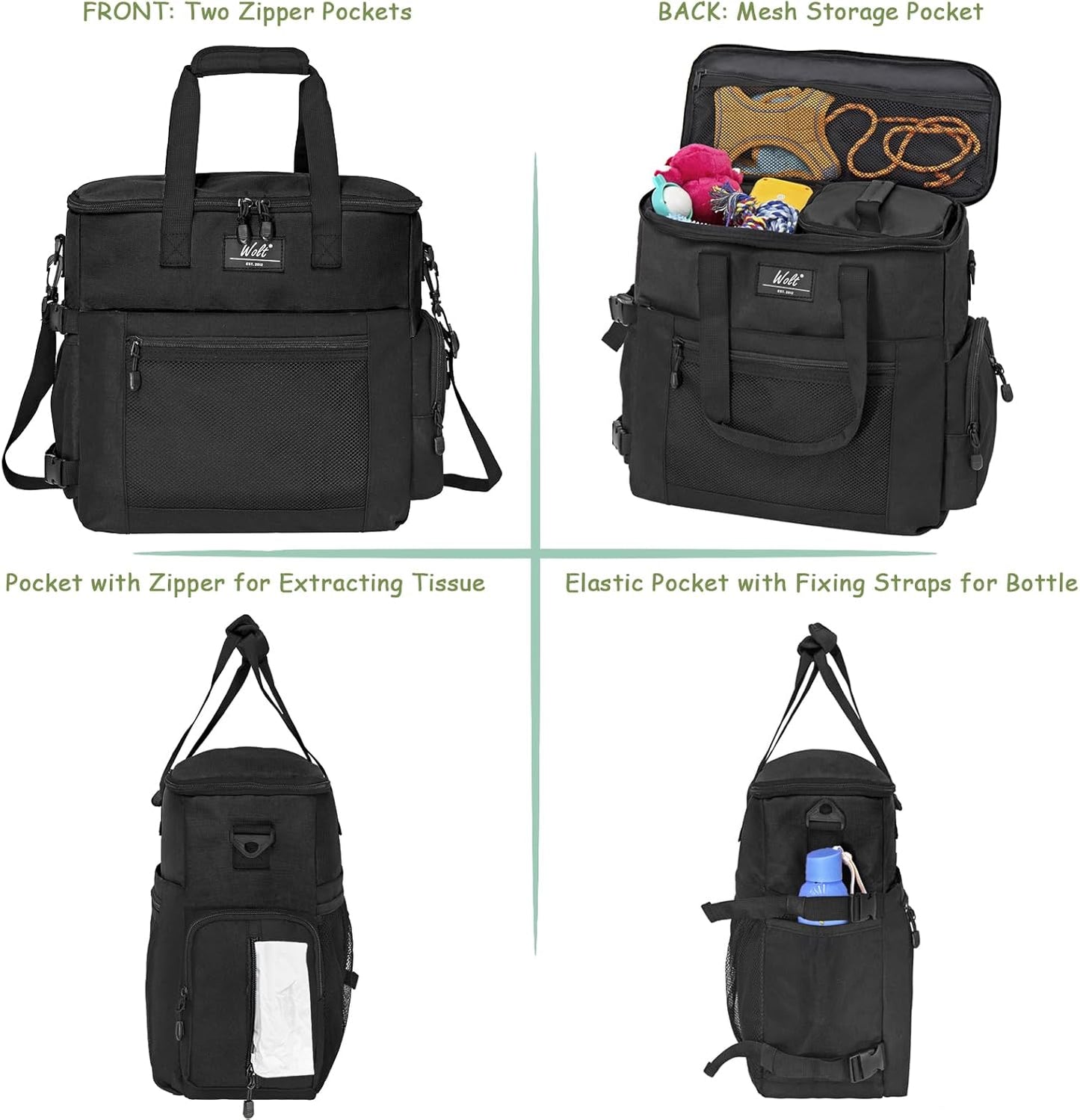 WOLT Dog Travel Bag Dog Bag for Traveling and Supplies with 2 Collapsible Bowls, 2 Food Containers, 1 Place Mat, Black - Pawvie