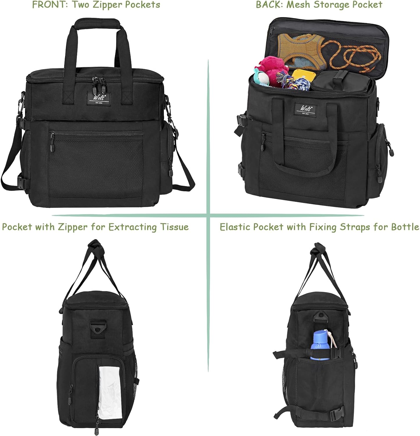 WOLT Dog Travel Bag Dog Bag for Traveling and Supplies with 2 Collapsible Bowls, 2 Food Containers, 1 Place Mat, Black - Pawvie