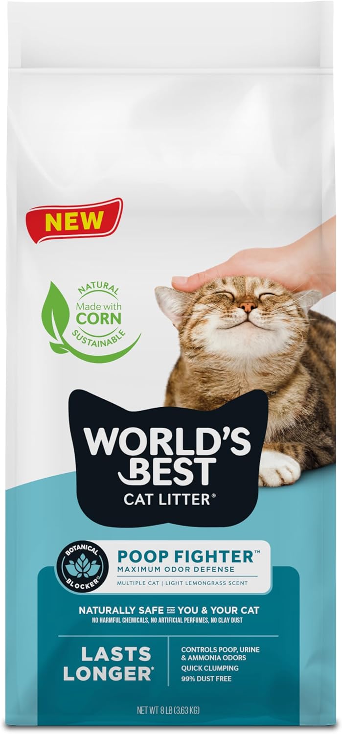 WORLD'S BEST CAT LITTER Poop Fighter Maximum Odor Defense, 8-Pounds - Natural Ingredients, Quick Clumping, Flushable, 99% Dust Free & Made in USA - Long-Lasting Odor Control & Easy Scooping