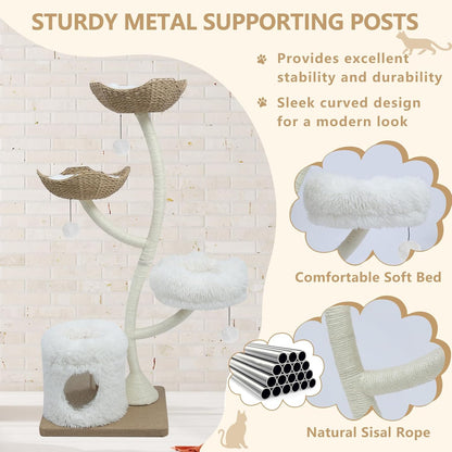 63” Tall Cat Tree Tower for Indoor Cats, Multi-Level Large Cat Climbing Furniture with Scratching Posts, Soft Perch, Cozy Cave, and Hanging Toys, Sturdy Design for Multi-Cat Households