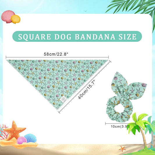 E-Clover Summer Starfish Dog Bandanas & Matching Scrunchie Set Blue Dog Scarf Bibs Pet Bandana with Bow Tie for Small Dogs Puppy Owner Mom