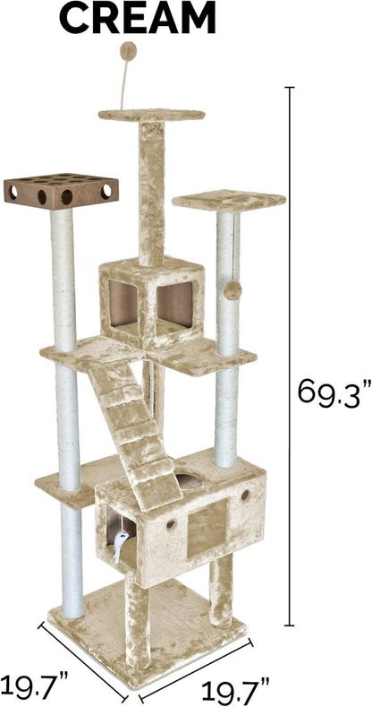 Furhaven 69.3" Tall Cat Tree for Indoor Cats, Ft. Sisal Scratching Posts, 2x Cat Condos, & Toys - Tiger Tough Double Decker Interactive Playground Tower - Cream, One Size
