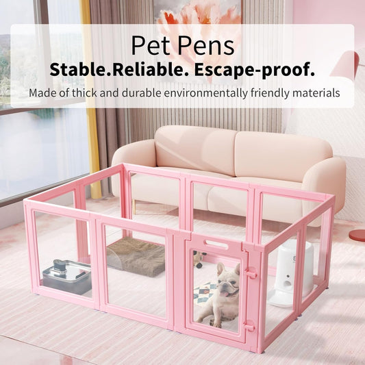 DIY Clear Acrylic Dog Playpen House,Quick Easy Assembly and Disassembly,Strong Floor Suction,Indoor and Outdoor Use,Easy Cleansing Puppy Fence (Sakura Pink, 23.6" H, 12PCS)