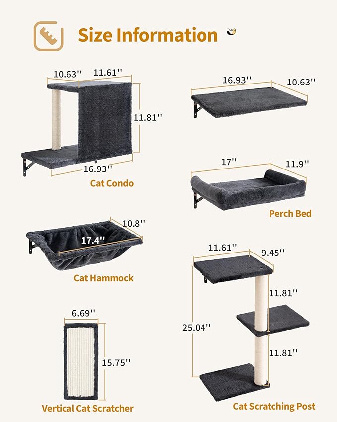 Cat Wall Shelves with Vertical Cat Scratcher, 17" × 11.9" Large Perch Bed and Hammock for Large Adult Cats, 6-in-1 Heavy Duty Cat Furniture Set for Indoor Cats