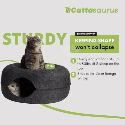 CATTASAURUS Peekaboo Cat Cave for Multiple & Large Cats Up to 30-45 Lbs, Scratch Detachable & Washable Tunnel Bed, Comfy Donut Cat Cave (Dark Gray, Large)