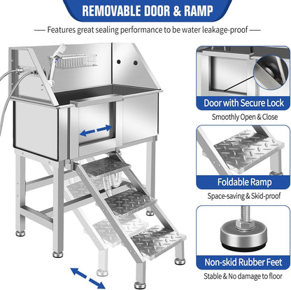 Professional Stainless Steel Dog Bathing Station, Dog Grooming Tub, with Stairs, Floor Grate & Faucet for Dog Bathtub for Large, Medium & Small Pets,34" L-RAMP