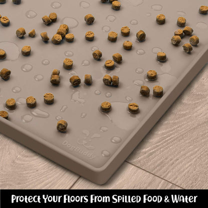 DogBuddy Dog Food Mat – Waterproof Dog Bowl Mat for Food and Water, Silicone Pet Feeding Mats for Floors, Non-Slip Placemat with High Edges for Dogs Bowls, Puppy Essentials (Small: 19"x12", Taupe)