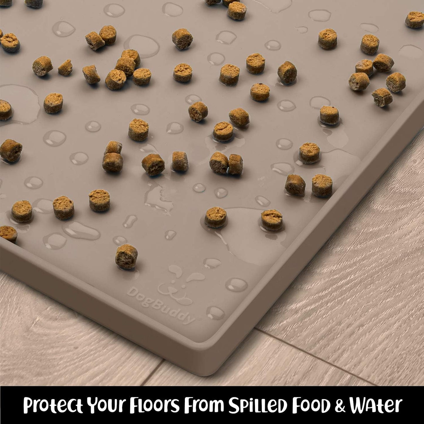 DogBuddy Dog Food Mat – Waterproof Dog Bowl Mat for Food and Water, Silicone Pet Feeding Mats for Floors, Non-Slip Placemat with High Edges for Dogs Bowls, Puppy Essentials (Large: 24"x16", Taupe)