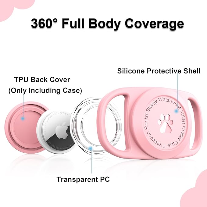 Airtag Dog Collar Holder, [1 Pack] Waterproof Protective Case for Apple AirTag, Durable & Lightweight with Full-Body Protection, Soft Silicone, Pink