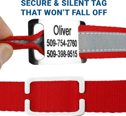 GoTags Reflective Personalized Dog Collar with Nameplate, Adjustable Dog Collar with Custom Engraved Steel Slide On Pet ID Tag, Silent, No Noise Dog Tag for Large Medium or Small (Red, Large)