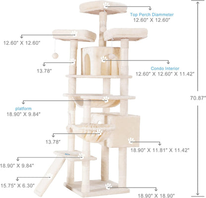 Hey-brother Cat Tree, 71 inches XL Large Cat Tower for Indoor Cats, Multi-Level Cat House with 3 Padded Perches, Big Scratcher, Cozy Basket, 2 Cat Condos and Scratching Posts, Beige MPJ034M
