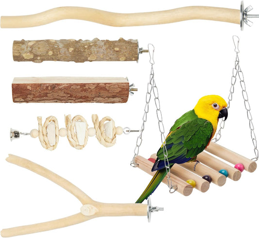Bird Perches for Cage 6pcs Natural Bird Stand Branch for Cage with Hanging Bridge, Parrot Swing Toys Chewing Climbing Standing Branches Wood Pole Paw Grinding Fork Parakeet Platform