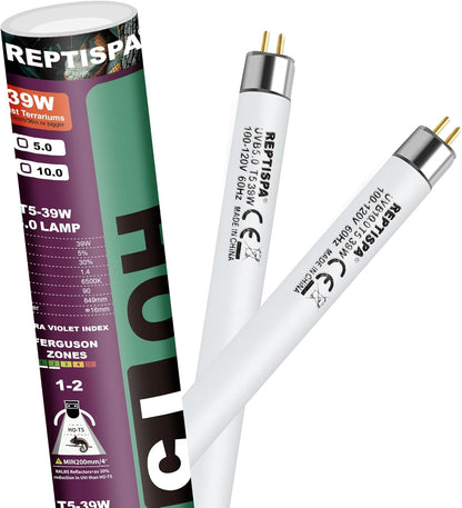 5.0 UVB Light for Reptiles, T5 HO 39 Watt Reptile Lamp Tube, Pack of 2 Fluorescent UVB Bulb, Basking Light for Bearded Dragon, Simulate Natural Sunlight for Reptiles and Amphibians