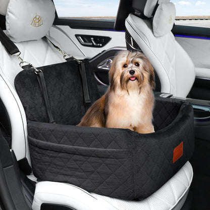Dog Car Seat for Small Dogs Under 30lbs, Washable Pet Travel Car Bed with Memory Foam,Fully Detachable Cover,2 Storage Pockets & Safety Leash,Non-Slip Bottom(Black) - Pawvie