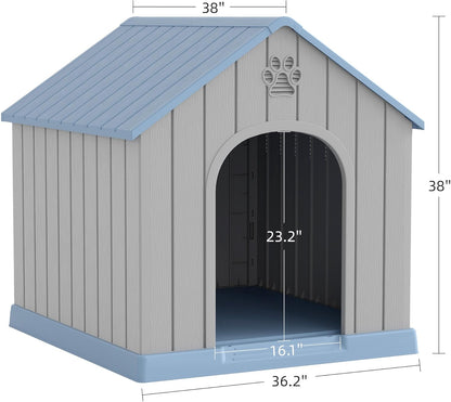 Large Dog House Outdoor Indoor for Medium Large Dogs, Durable Plastic Waterproof Doghouse with Air Vents and Elevated Floor, Easy Clean and Assemble (Blue, 36.2''L×38''W×38''H)