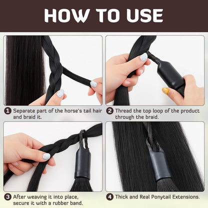 Zeyune 3 Pcs Horse Tail Extensions Set with Braided Horsehair Loop Include Ponytail Comb and Storage Bag, Natural Black for Equestrian Competitions, Horse Shows, Daily Grooming(34-36inch,1 lb)