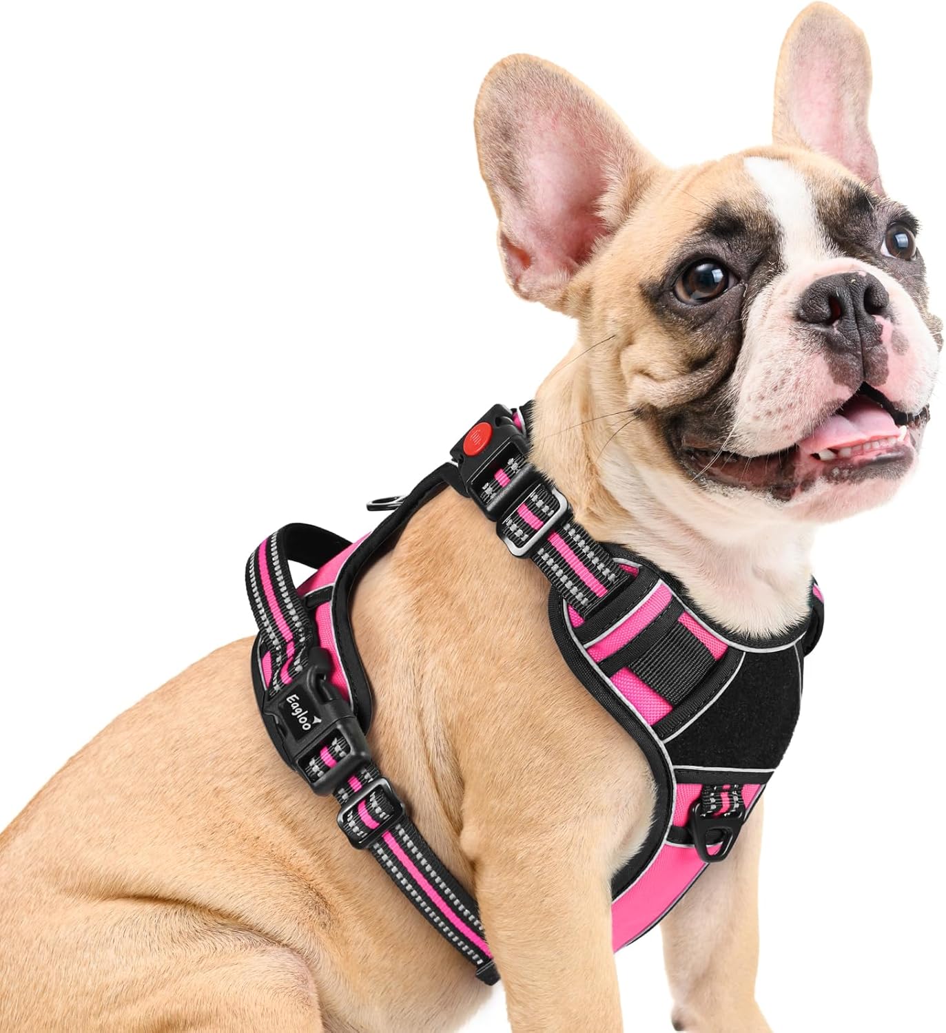 Eagloo Dog Harness Medium Sized, Easy Wearing with 3 Buckles, Adjustable No Pull Pet Harness with 2 Rings for Walking, No Chock Reflective Soft Padded Vest with Control Handle, Pink & Black, M