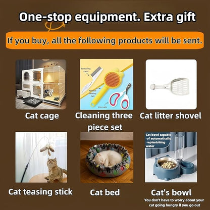 Indoor cat cage with Litter Box, Complimentary Cat Bed, Bow,lcat House with Wheels Outdoor,Large cat Villa Playpen, Small Animal Dog Kennel cat enclosures (42″(L) x18.2″(W) x32.4″(H))