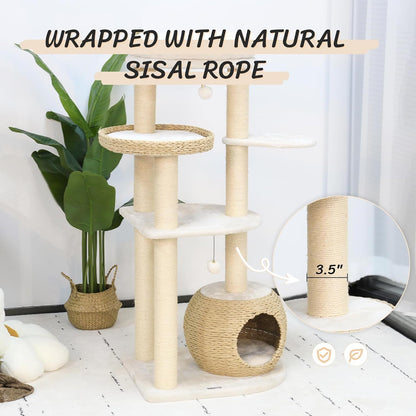 KAMABOKO Modern Cat Tree, 53" Cat Tower for Indoor Cats Natural Sisal Scratching Posts, Hand-Woven Condo & Top Perch, Cat Tree Tower for Kittens Climb Play & Rest