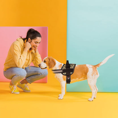 Dogline Dog Harness, Reflective No-Pull Adjustable Vest with Handle for Walking, Training, Breathable, No - Choke Harness for Small, Medium or Large Dogs Room for Patches Leopard Brown L 27"-34"