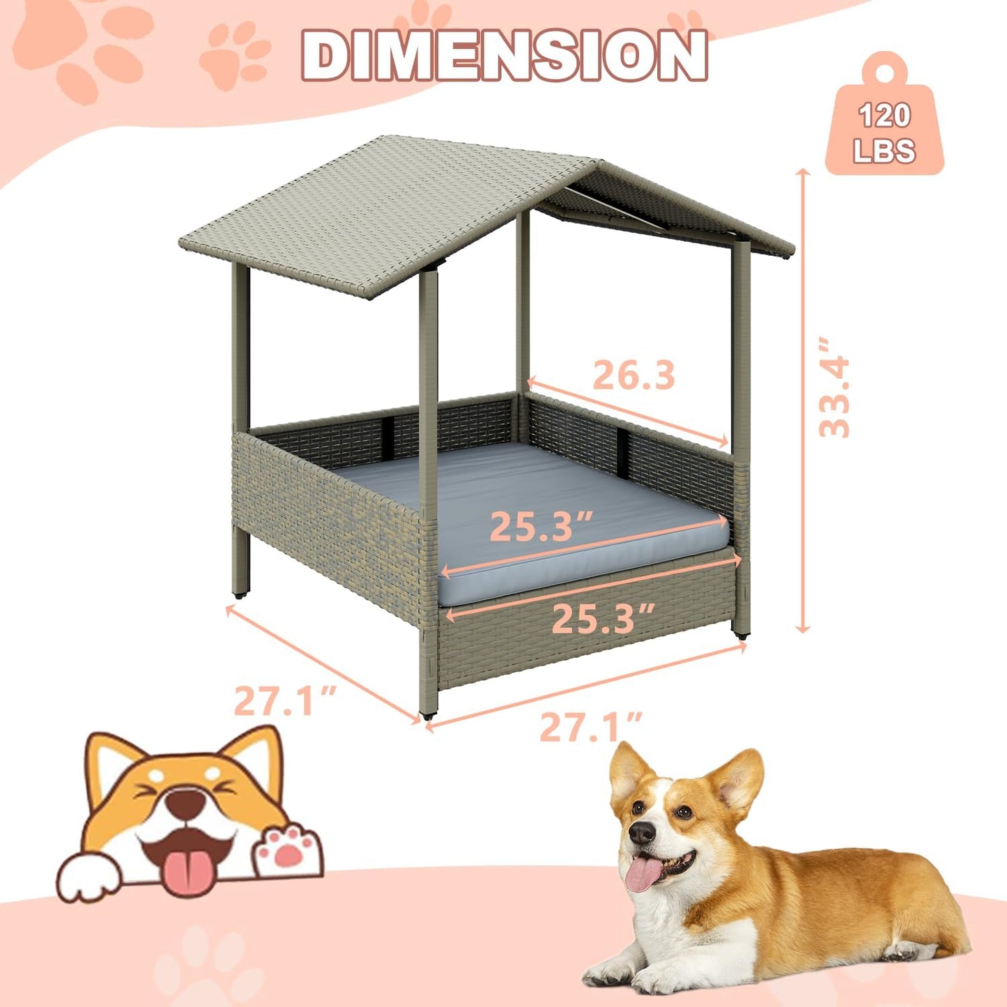 LEMBERI Outdoor Rattan Dog House with Canopy, Indoor Dog Bed for Small/Medium Dogs with Removable Cushion, Washable Cover, Dog Shelter for Patio, Deck, Yard, Pool, Gray