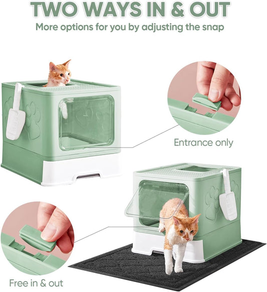 Cat Litter Box with X-Large Litter Mat and Scoop, Large Foldable Litter Box with Lid, Enclosed Kitty Box,Front Top Entry Exit, Odor Control Easy to Clean (Upgrade Green)