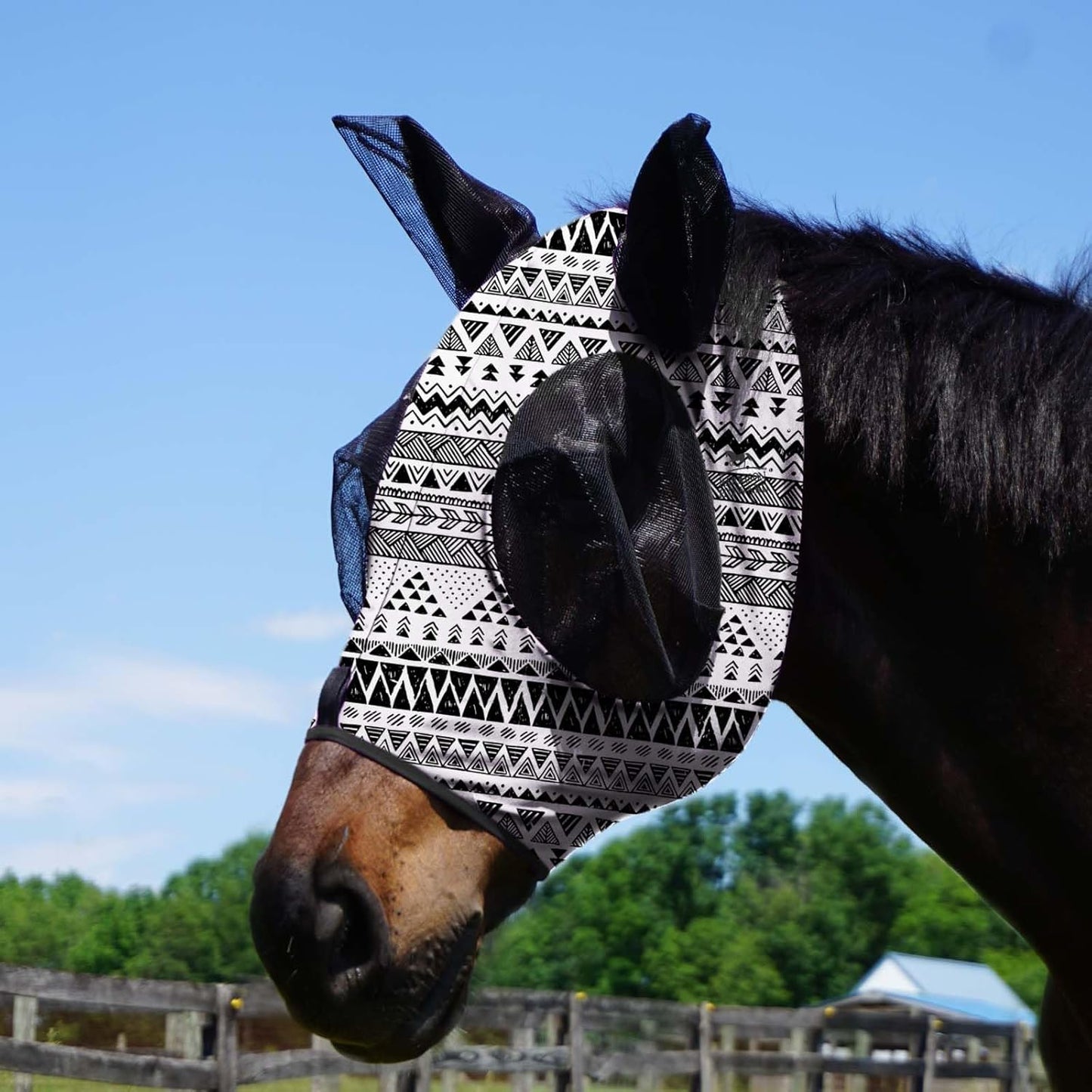 Harrison Howard Super Comfort Stretchy Fitting Horse Fly Mask with UV Protection Soft on Skin with Breathability Doodle Aztec Extra Full