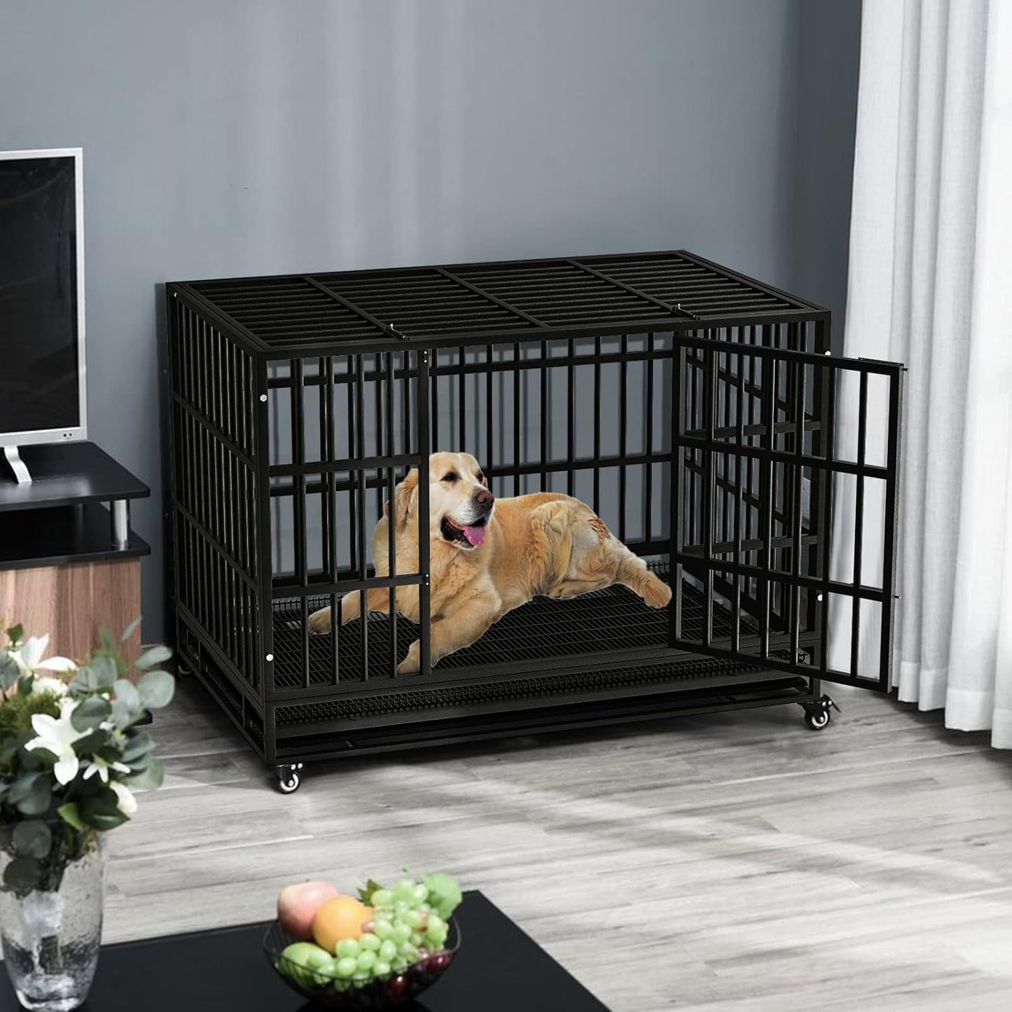 LEMBERI 48/38 inch Heavy Duty Indestructible Dog Crate, Escape Proof Dogs Cage Kennel with Lockable Wheels,High Anxiety Double Door Kennel,Extra Large Crate Indoor for Large Dog with Removable Tray